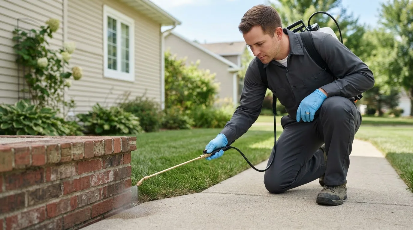 Pest control technician treating a home near Colfax, ND