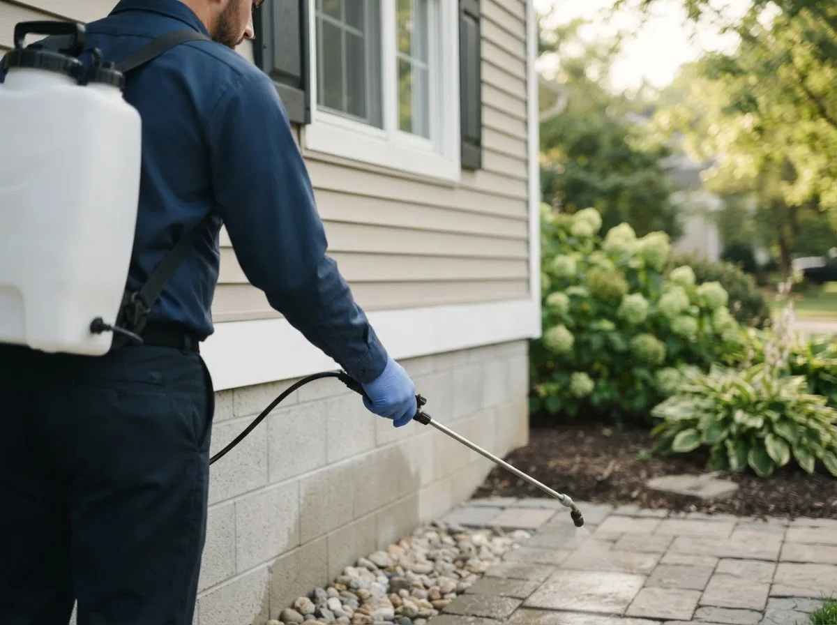 Pest control technician inspecting a home in Colfax, ND